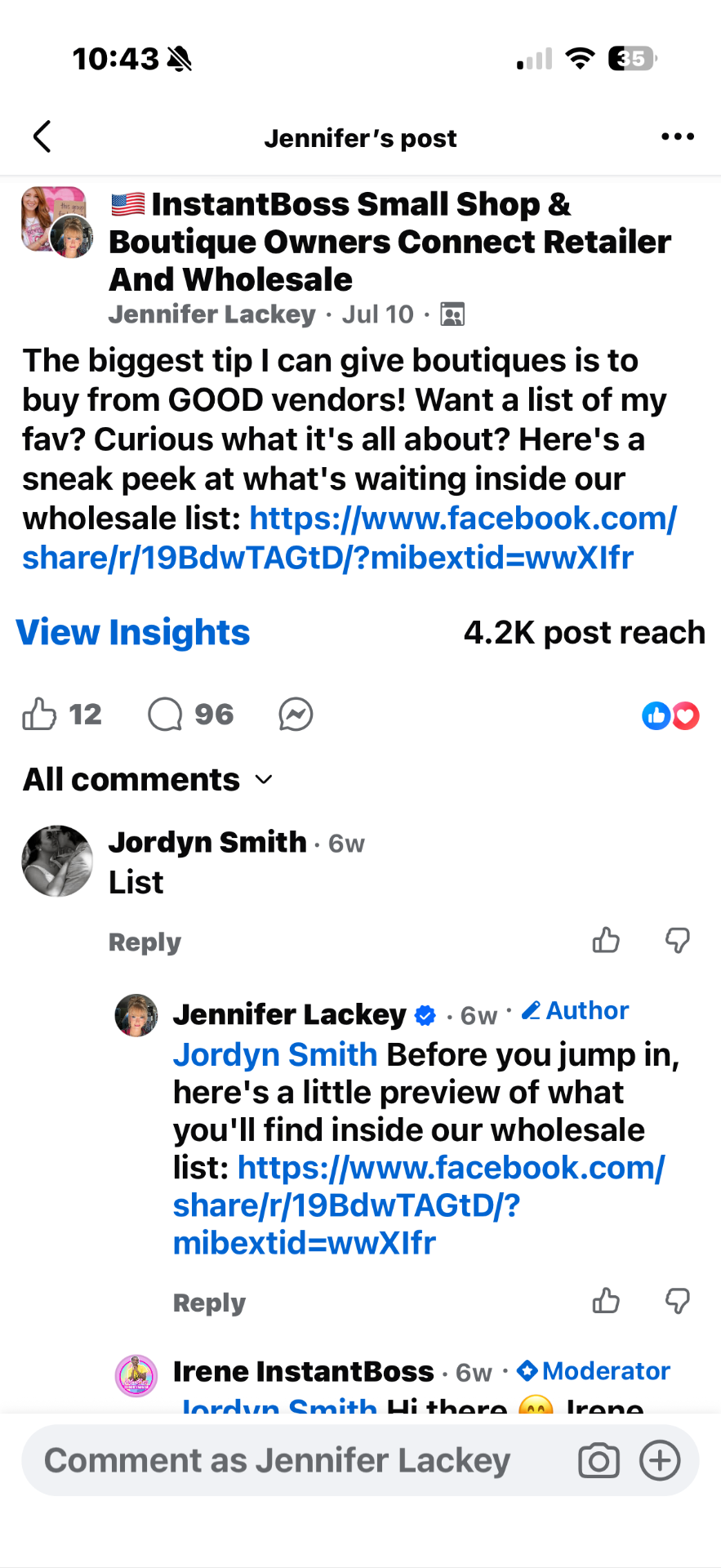 Small Shop Connect group post promoting the wholesale list