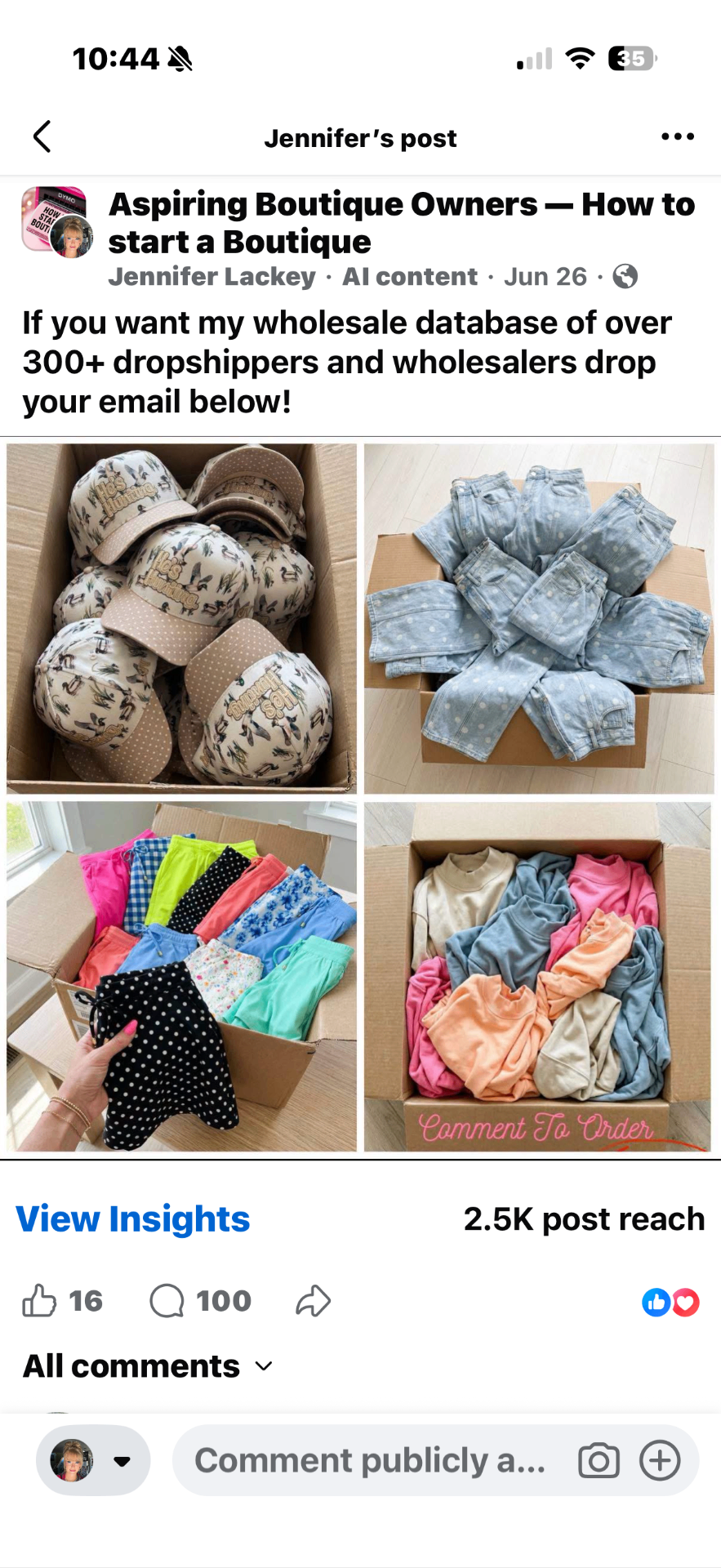 Aspiring Boutiques group post promoting the wholesale list