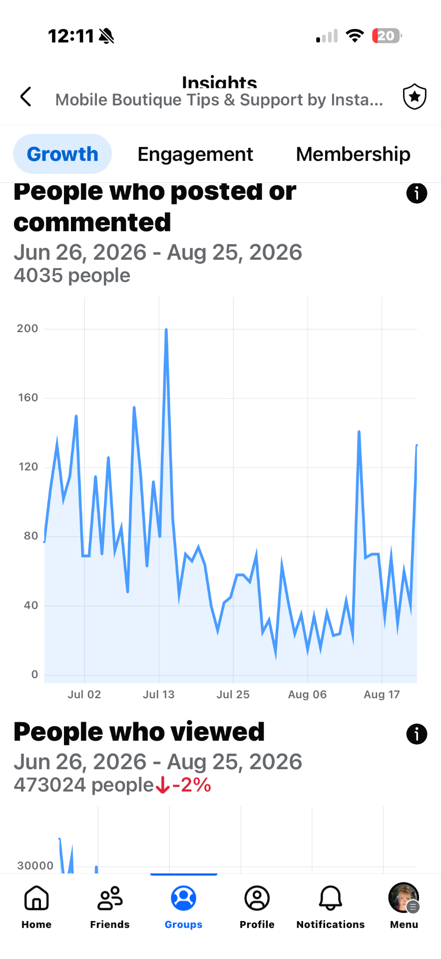 Facebook group insights: Mobile Boutique · reach