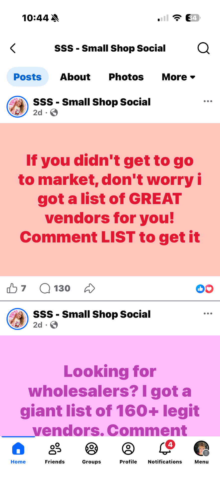 Facebook Page post promoting the wholesale list