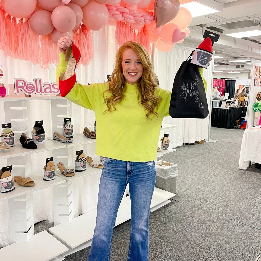 Footwear + totes — spotlighted at a wholesale market booth