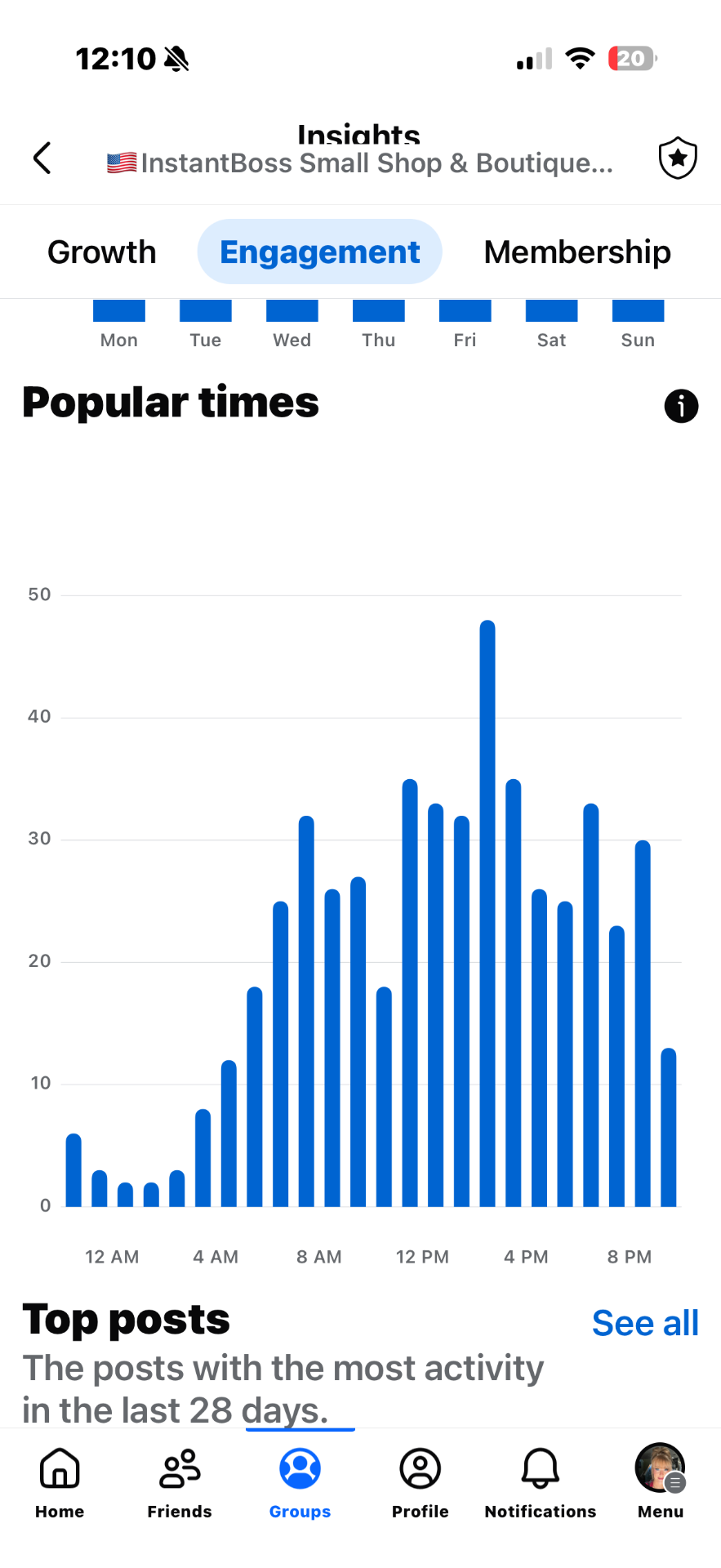 Facebook group insights: Small Shop Connect · popular times