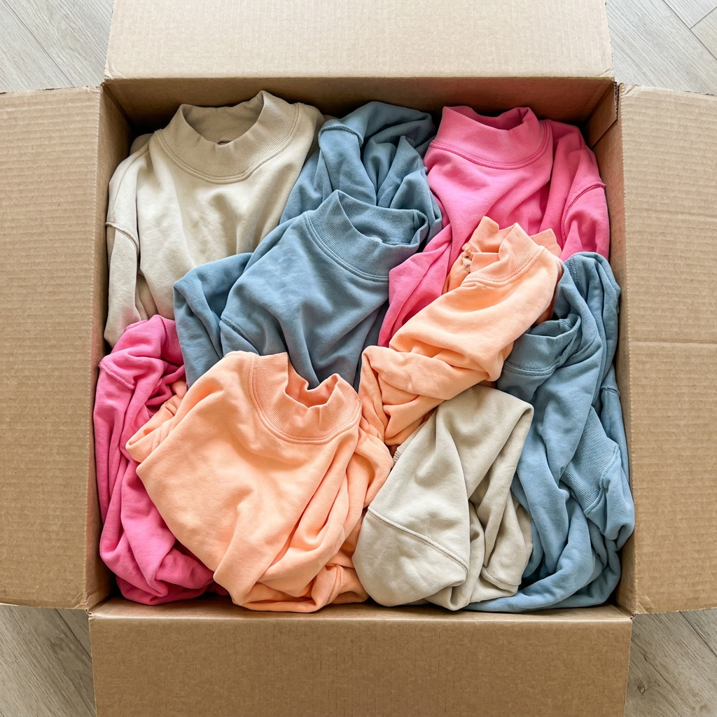 Box of wholesale sweatshirts ready to ship to boutiques
