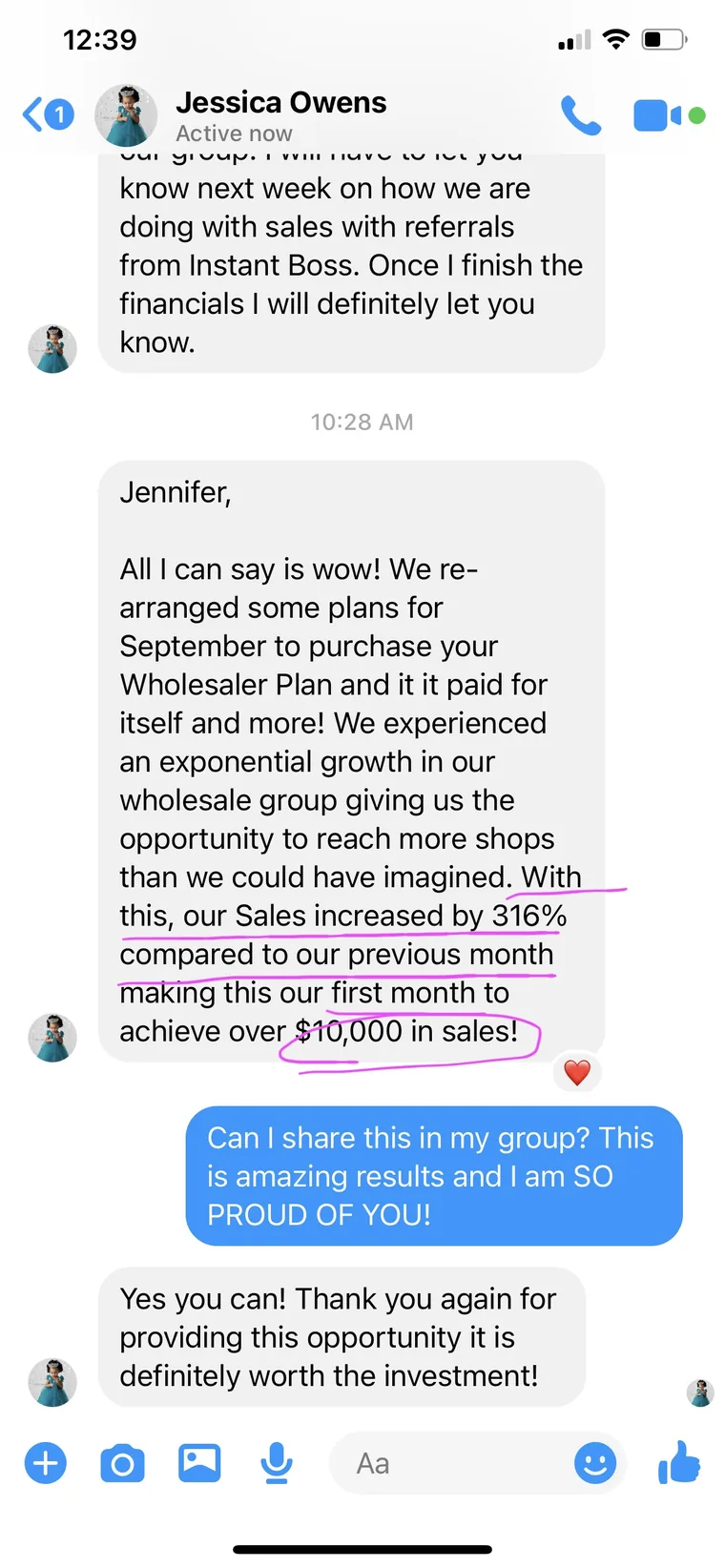 Jessica O. testimonial screenshot: Sales up 316%