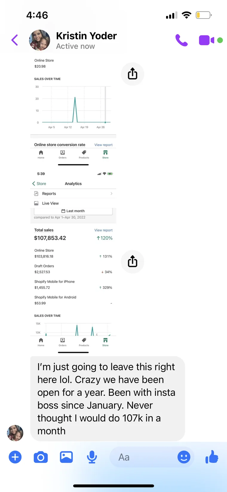 Kristin Y. testimonial screenshot: $107,000 month