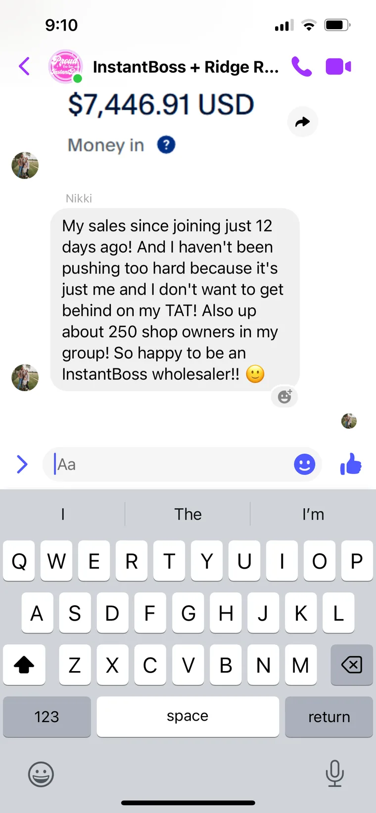 Ridge testimonial screenshot: $7,446 in 12 days
