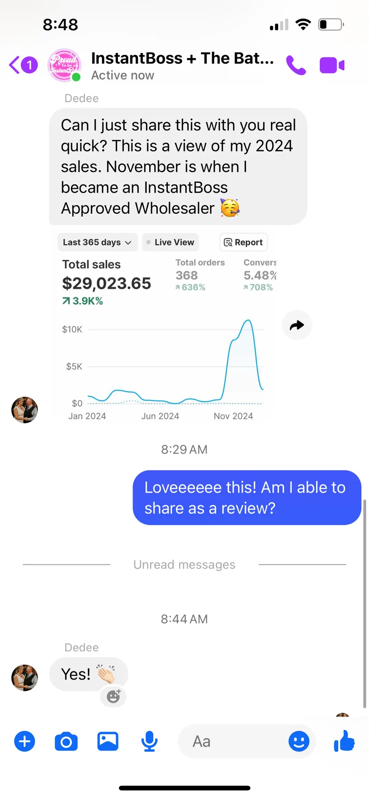 The Bat testimonial screenshot: Sales up 2,708%